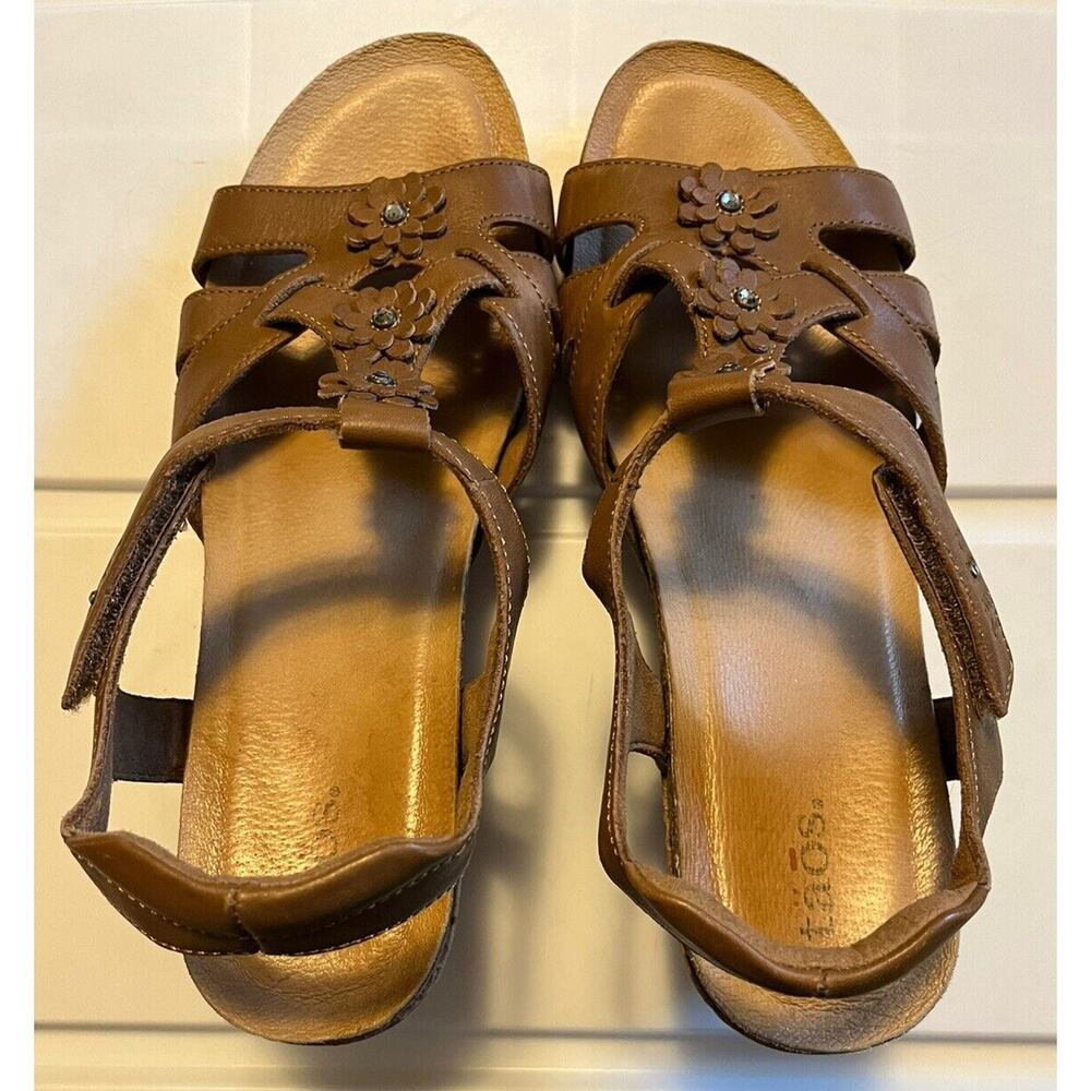 Taos Passion Flowers Leather Cork Wedge Sandals In Brown Womens Size 10 T-strap - Picture 3 of 14